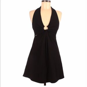 Black halter dress with two small cut outs.